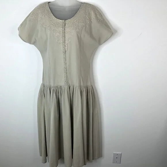 Together Womens Cotton Twill Dress Sz 6M Tan Country Western Drop Waist Buttons - Picture 1 of 12